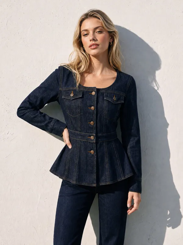 Square Neck Peplum Denim Jacket made by COMMENSE