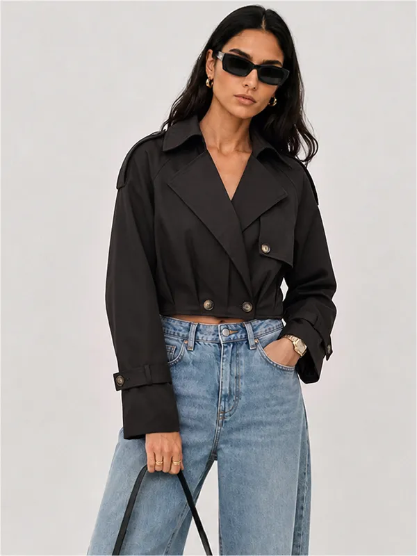 Lapel Double‑Breasted Cropped Trench Coat made by COMMENSE