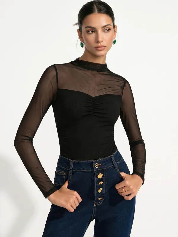 Sheer Mesh Panel Ruched Bodysuit made by COMMENSE