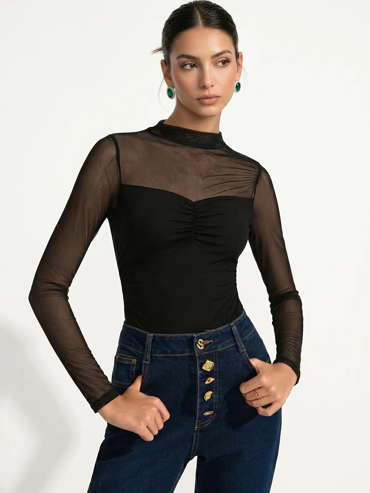 Sheer Mesh Panel Ruched Bodysuit sold by COMMENSE