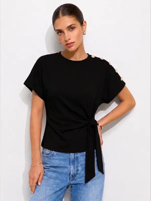 Shoulder Button Tie-Side Short Sleeve Top made by COMMENSE