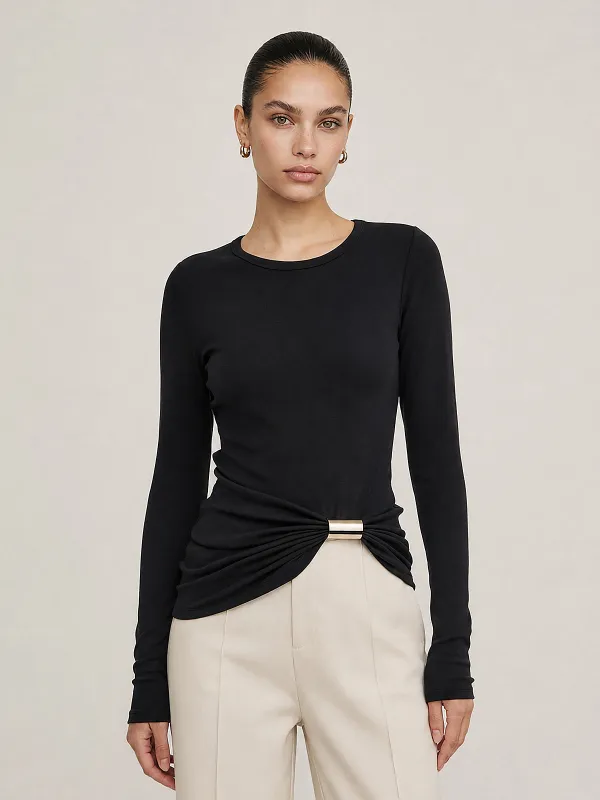 Twist Waist Metal Buckle Long Sleeve Top made by COMMENSE