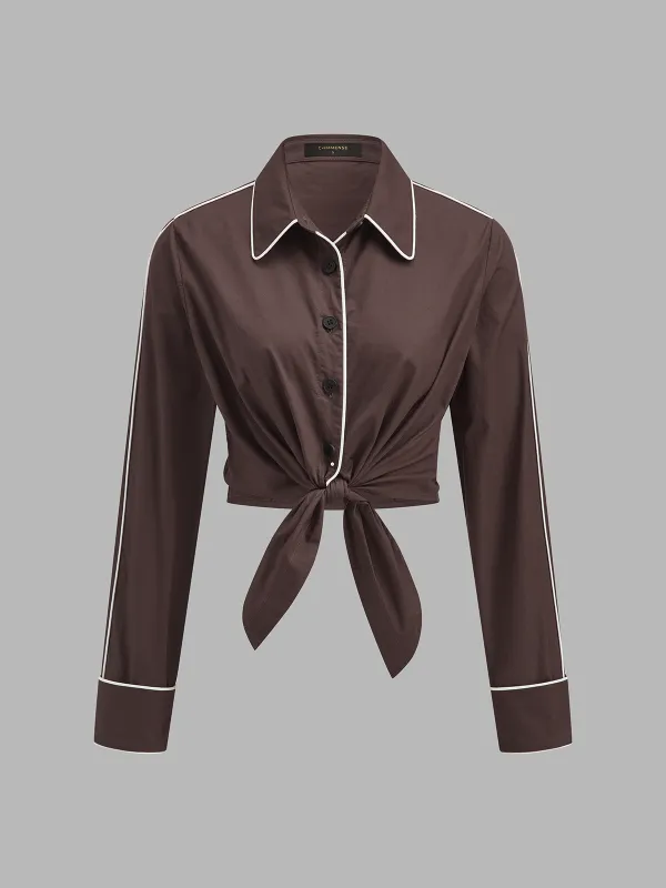 Contrast Piping Tie‑Front Cropped Shirt made by COMMENSE