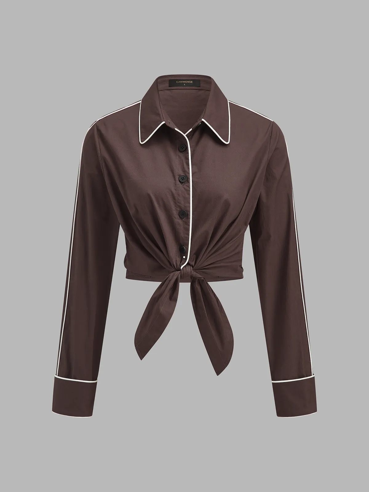 Contrast Piping Tie‑Front Cropped Shirt sold by COMMENSE