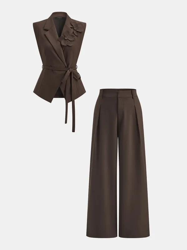 3D Flower Sleeveless Blazer & Pants Set made by COMMENSE