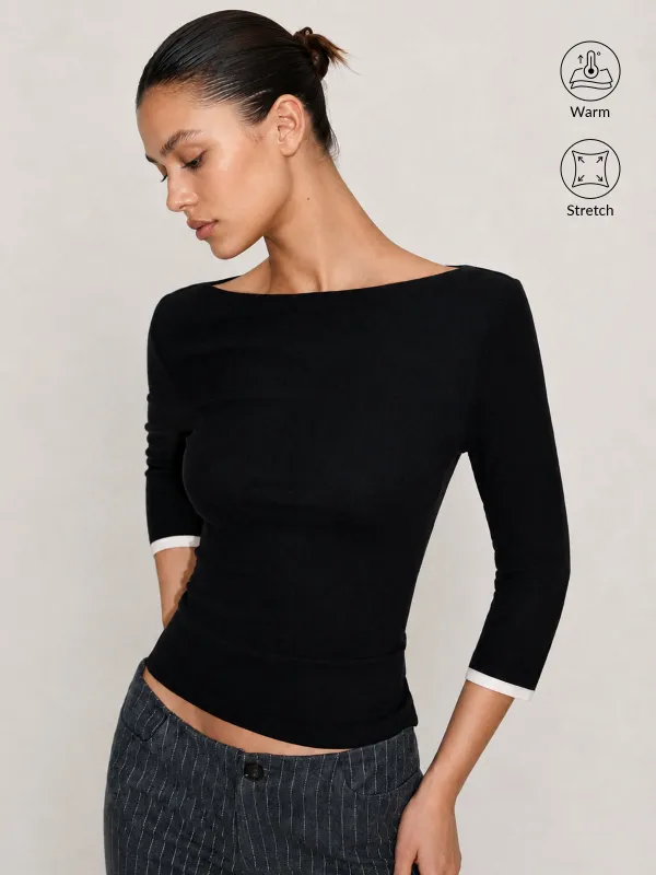 Warm‑Stretch Boat Neck 3/4 Sleeve Top made by COMMENSE