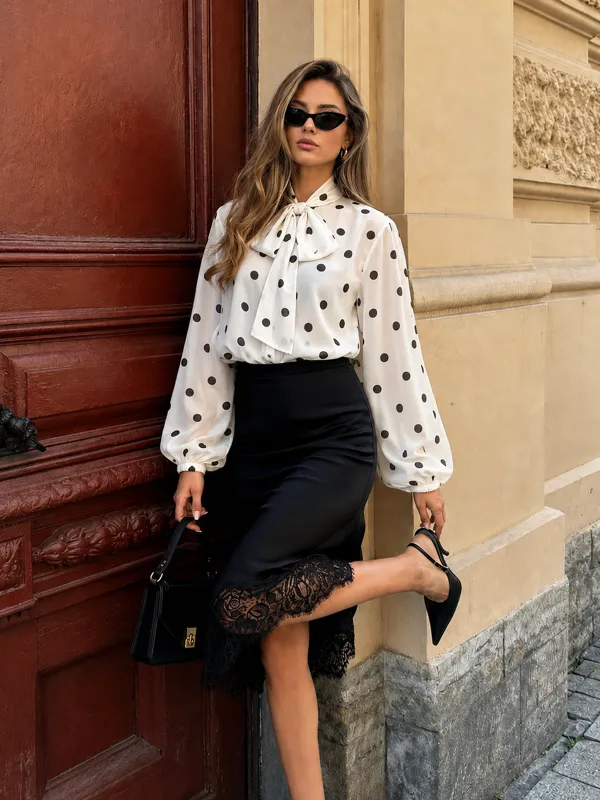 Bow Neck Polka Dot Lantern Sleeve Blouse made by COMMENSE