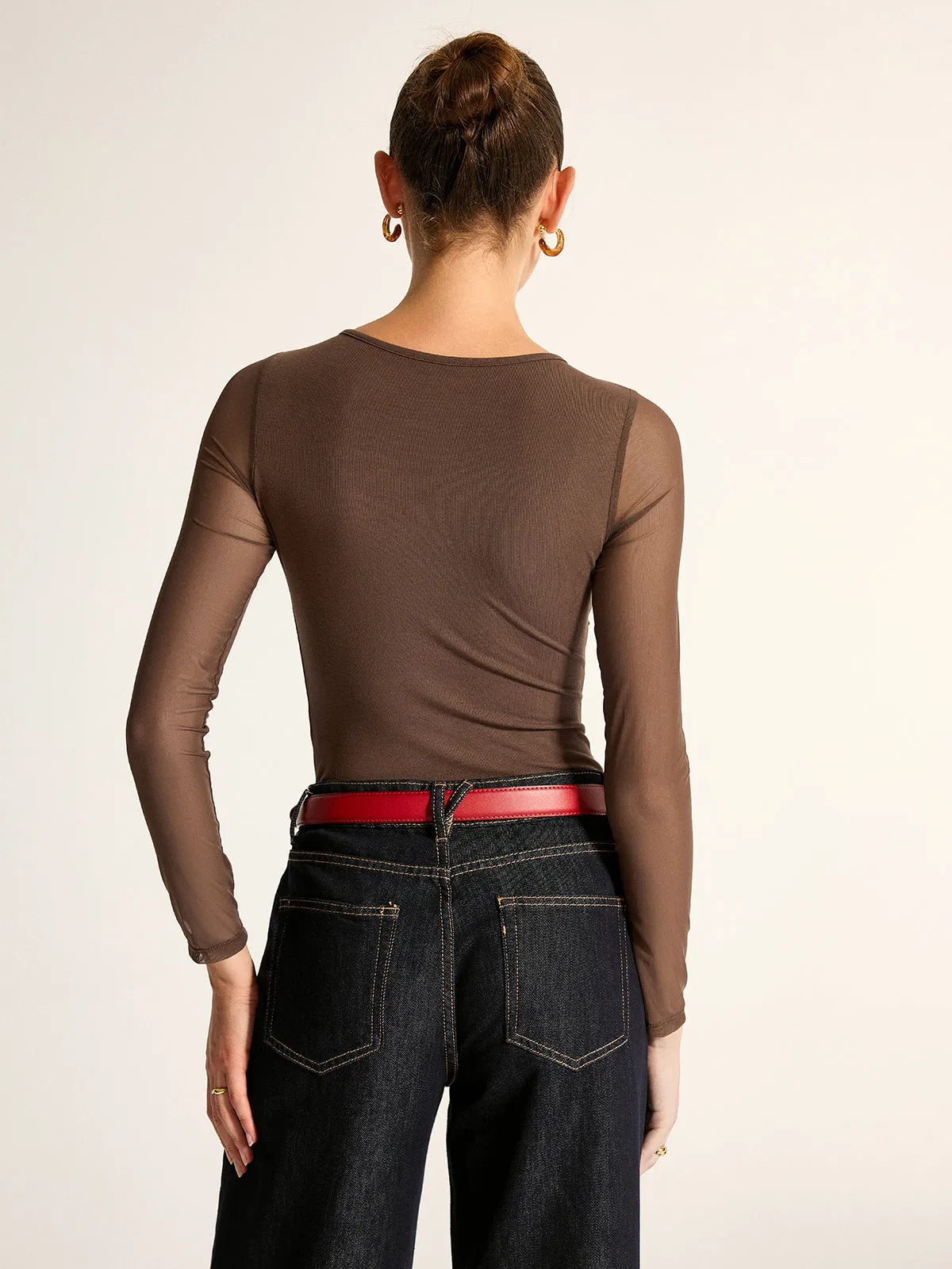 Draped Mesh Sleeve Slim Bodysuit sold by COMMENSE product image thumbnail 4