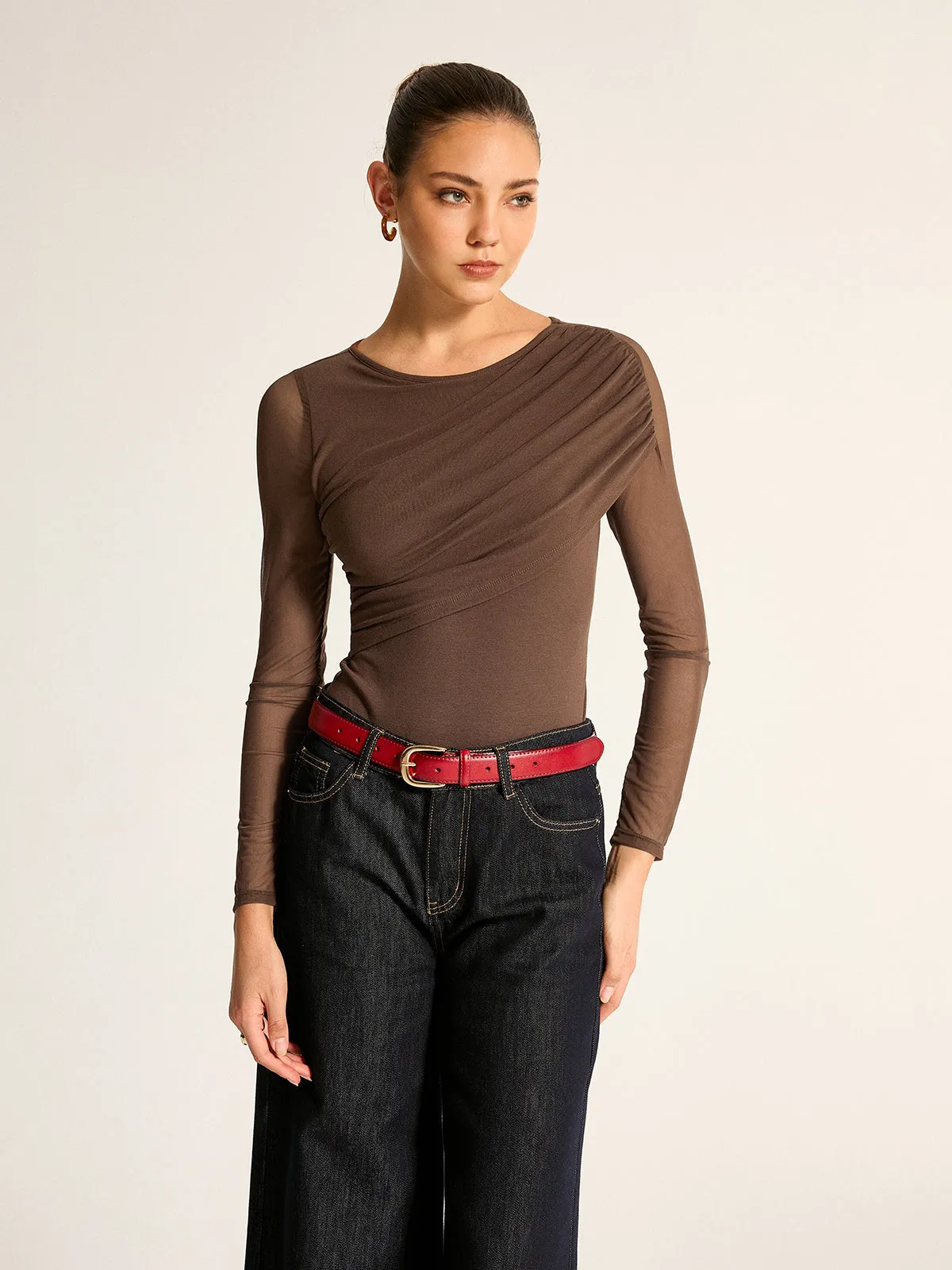 Draped Mesh Sleeve Slim Bodysuit sold by COMMENSE product image thumbnail 2