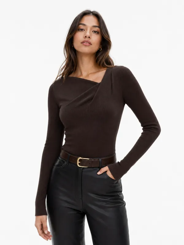 Asymmetric Neck Long‑Sleeve Knit Top made by COMMENSE