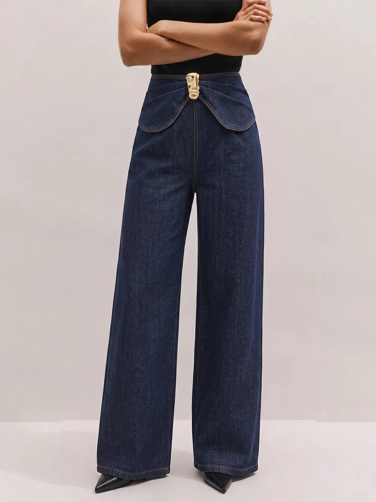 Decorative Buckle Twist Waist Straight Leg Jeans sold by COMMENSE
