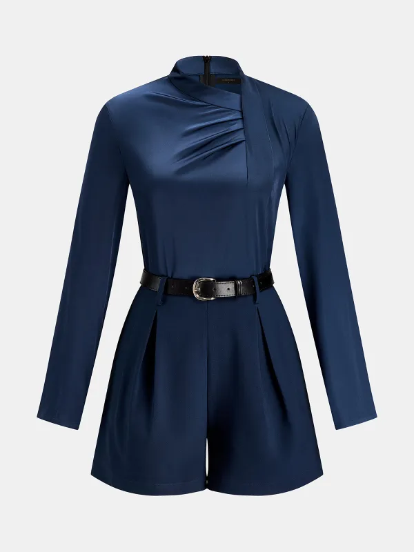 Asymmetric Collar Belted Long Sleeve Romper made by COMMENSE