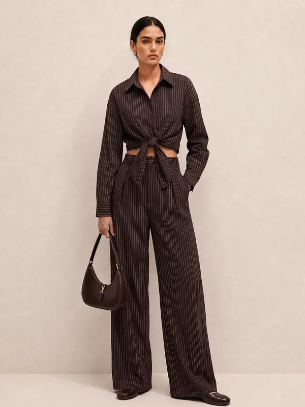 Cropped Knot Detail Pinstripe Two‑Piece Outfit made by COMMENSE