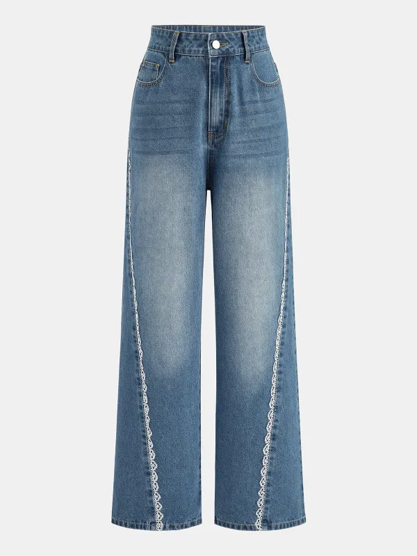 Lace Trim Straight Leg Denim Pants made by COMMENSE