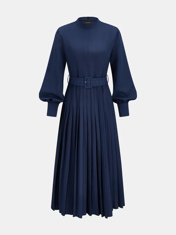 Belted Pleated Stand‑Collar Midi Dress made by COMMENSE