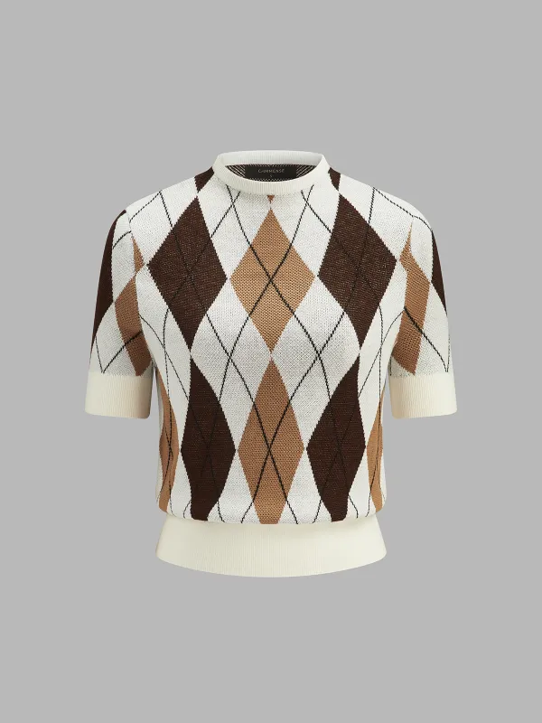 Color‑Block Argyle Short Sleeve Knit Sweater made by COMMENSE