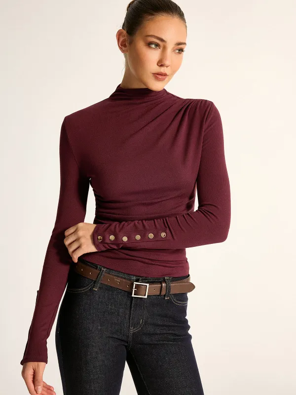 Button Cuff Turtleneck Long Sleeve Top made by COMMENSE