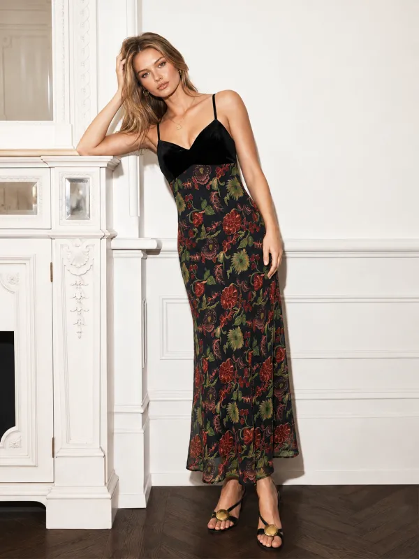 Velvet Bodice Floral Slip Maxi Dress made by COMMENSE
