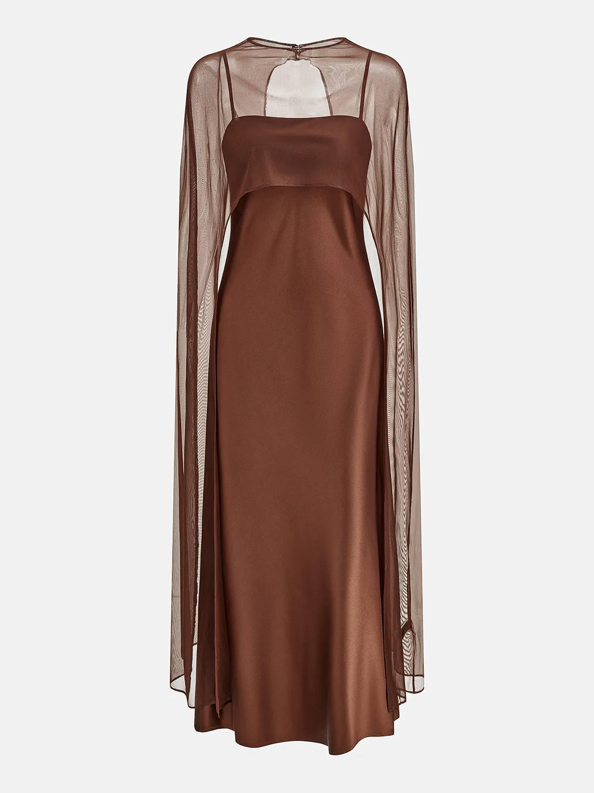 Mesh Cape Overlay Satin Slip Dress sold by COMMENSE product image thumbnail 4