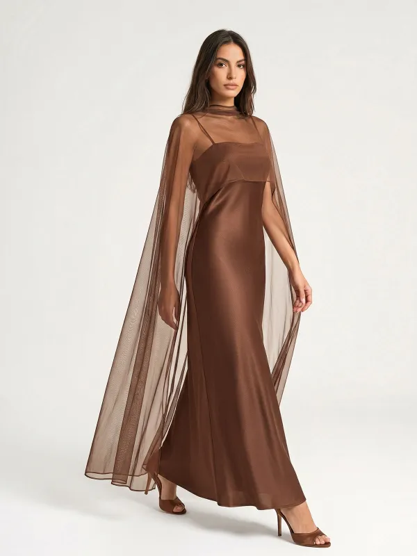 Mesh Cape Overlay Satin Slip Dress made by COMMENSE