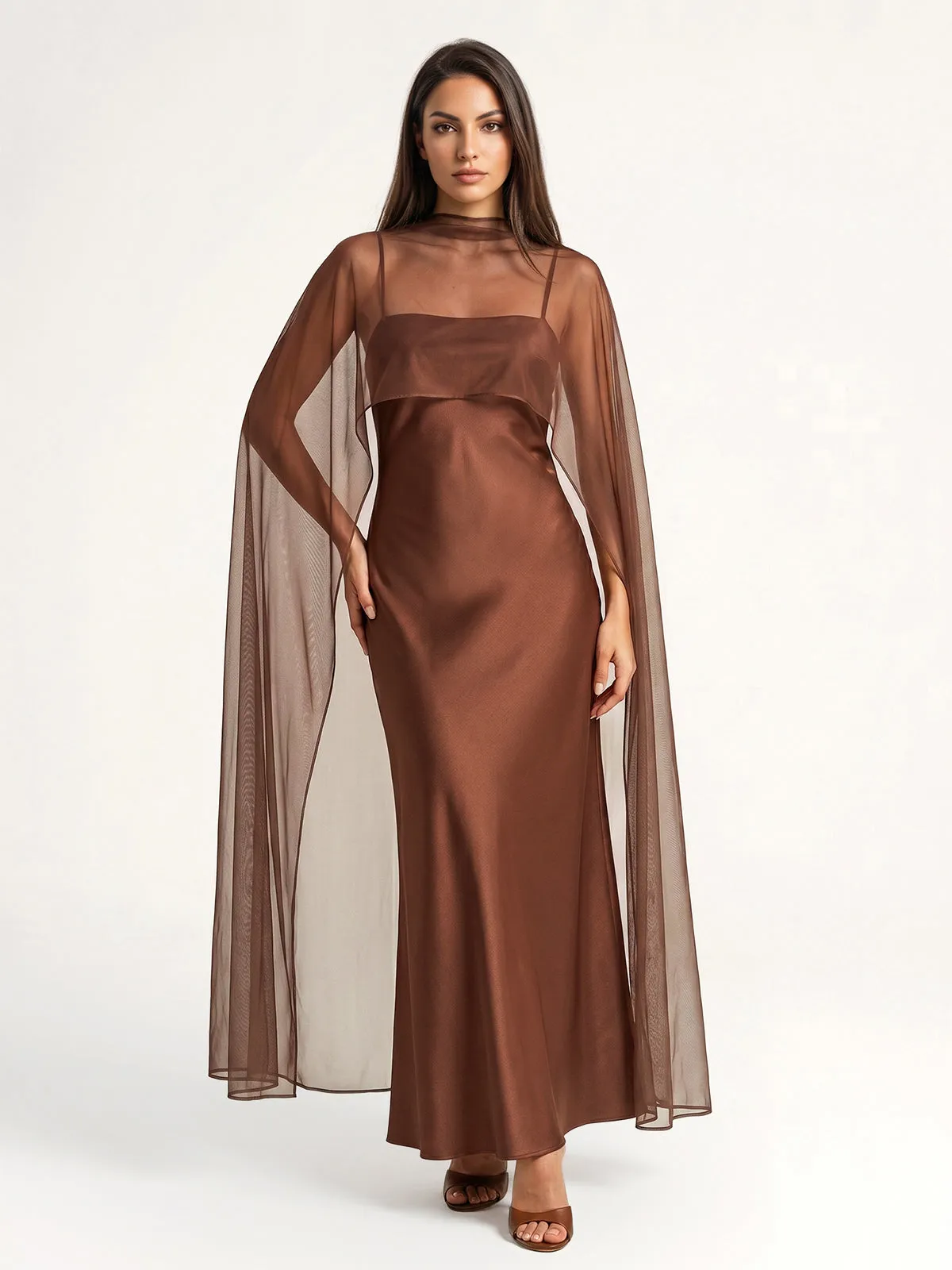 Mesh Cape Overlay Satin Slip Dress sold by COMMENSE product image thumbnail 2