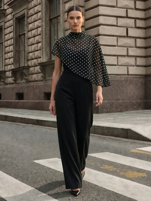 Polka‑Dot Cape Overlay Wide Leg Jumpsuit made by COMMENSE
