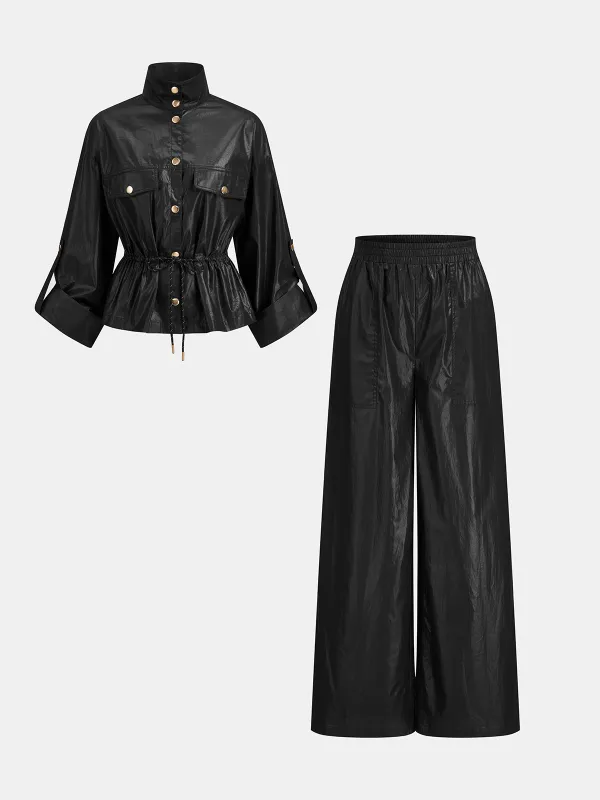 Glossy Fabric Drawstring Waist Two‑Piece Outfit made by COMMENSE