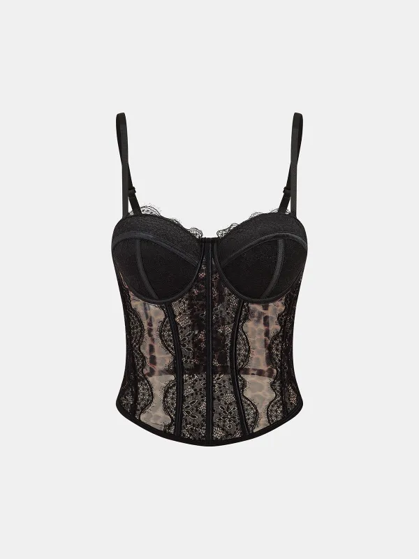 Leopard Mesh Lace Boned Corset Cami Top made by COMMENSE