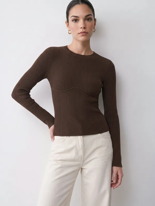 Wool Blend Ribbed Fitted Knit Top made by COMMENSE