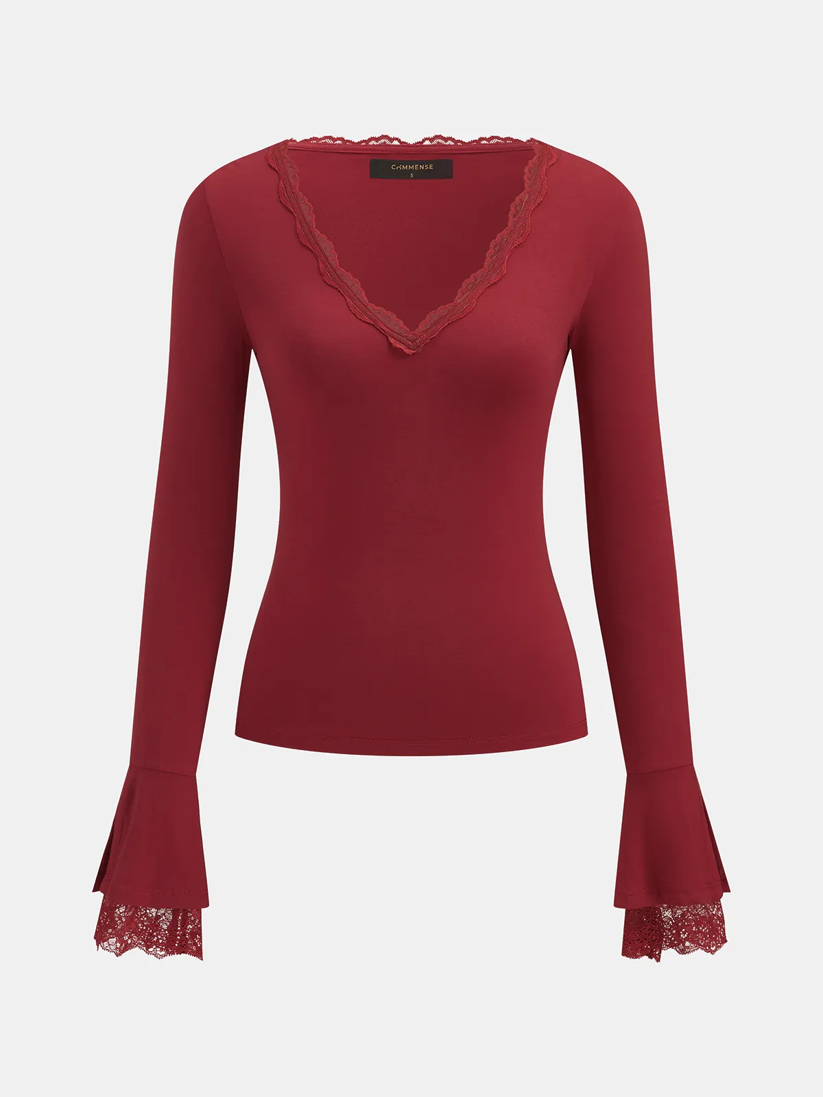 Lace V‑Neck Flare Sleeve Fitted Top sold by COMMENSE product image thumbnail 2