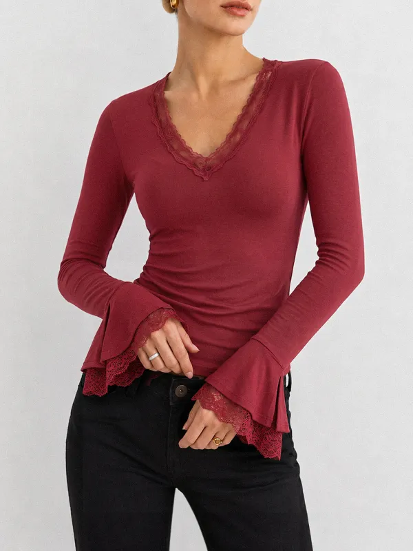 Lace V‑Neck Flare Sleeve Fitted Top made by COMMENSE