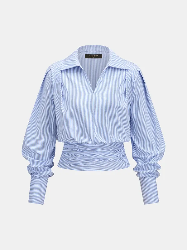 Striped Collared Ruched Waist Blouse made by COMMENSE
