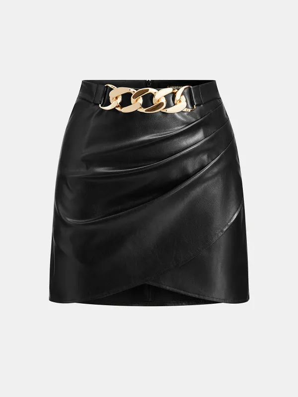 Faux Leather Chain Decor Mini Skirt made by COMMENSE