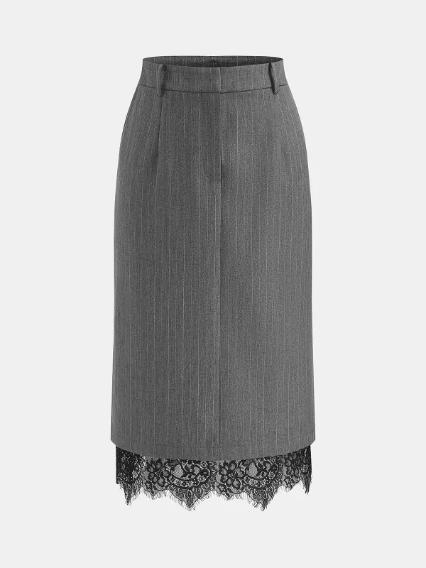 Pinstripe Lace Hem Midi Skirt made by COMMENSE