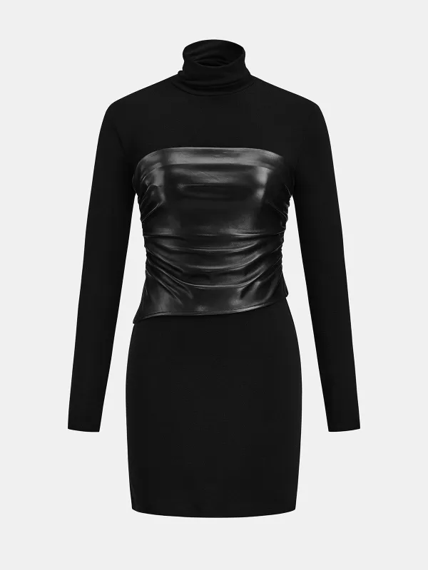 Faux Leather Tube Top Turtleneck Dress Set made by COMMENSE