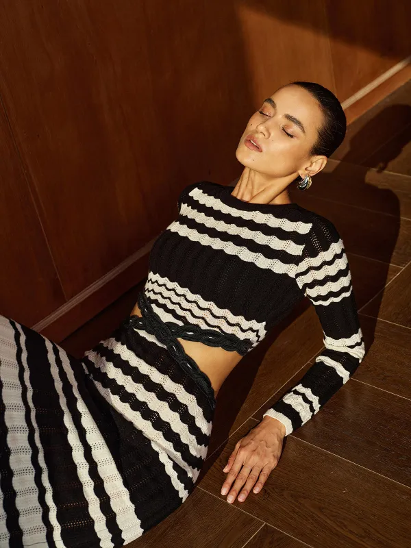 Wave‑Stripe Cutout Waist Knit Midi Dress made by COMMENSE