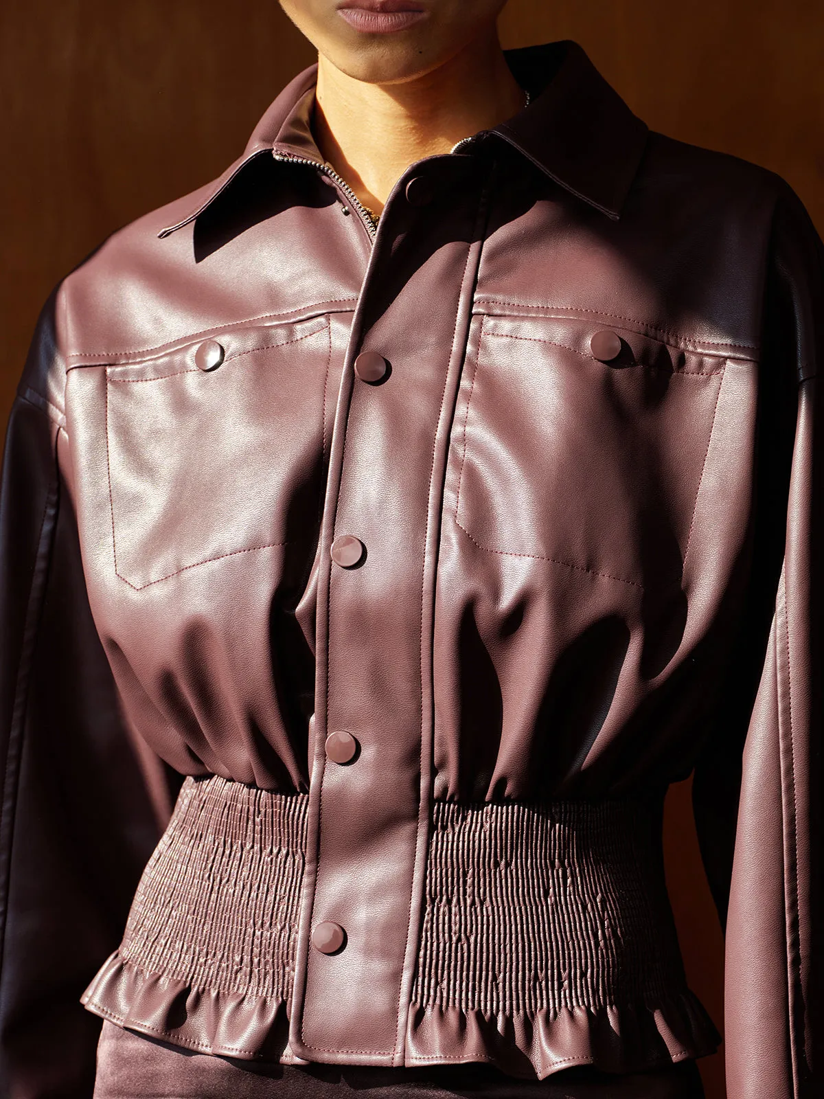 Smocked Waist Faux Leather Jacket sold by COMMENSE product image thumbnail 5