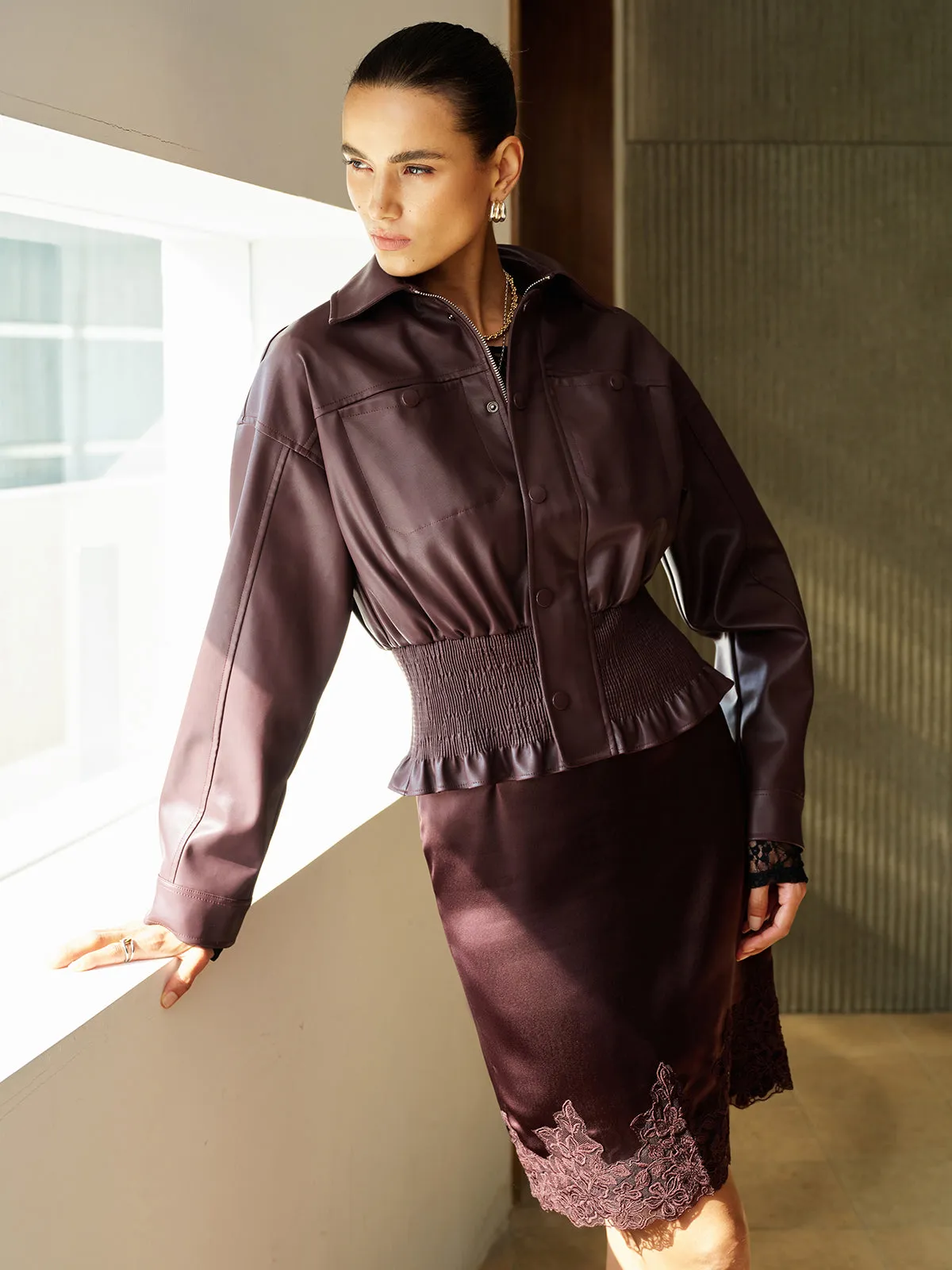 Smocked Waist Faux Leather Jacket sold by COMMENSE product image thumbnail 2