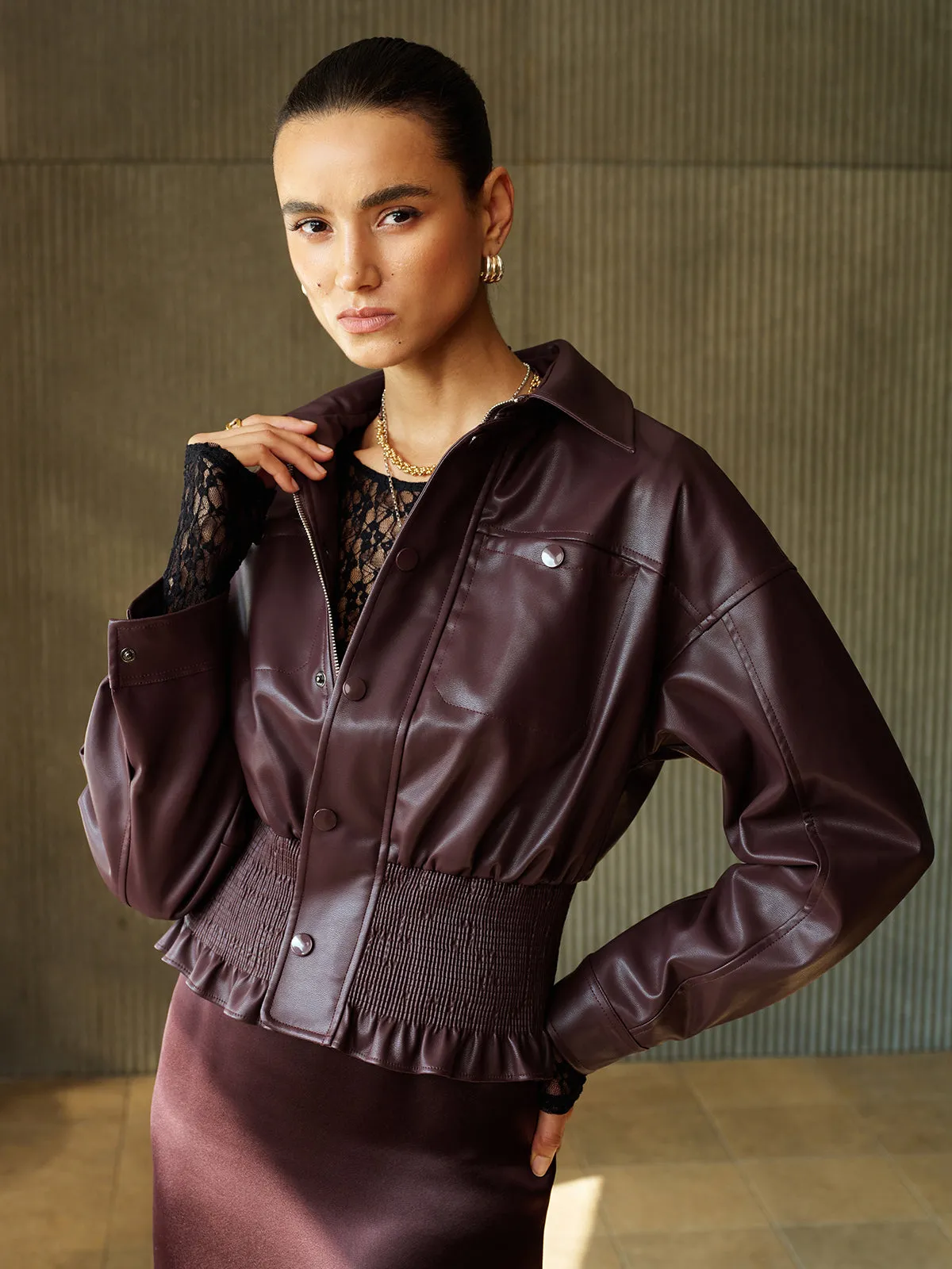 Smocked Waist Faux Leather Jacket sold by COMMENSE product image thumbnail 3
