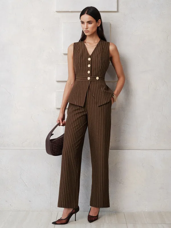 Pinstripe Sleeveless Vest Straight Pants Set made by COMMENSE