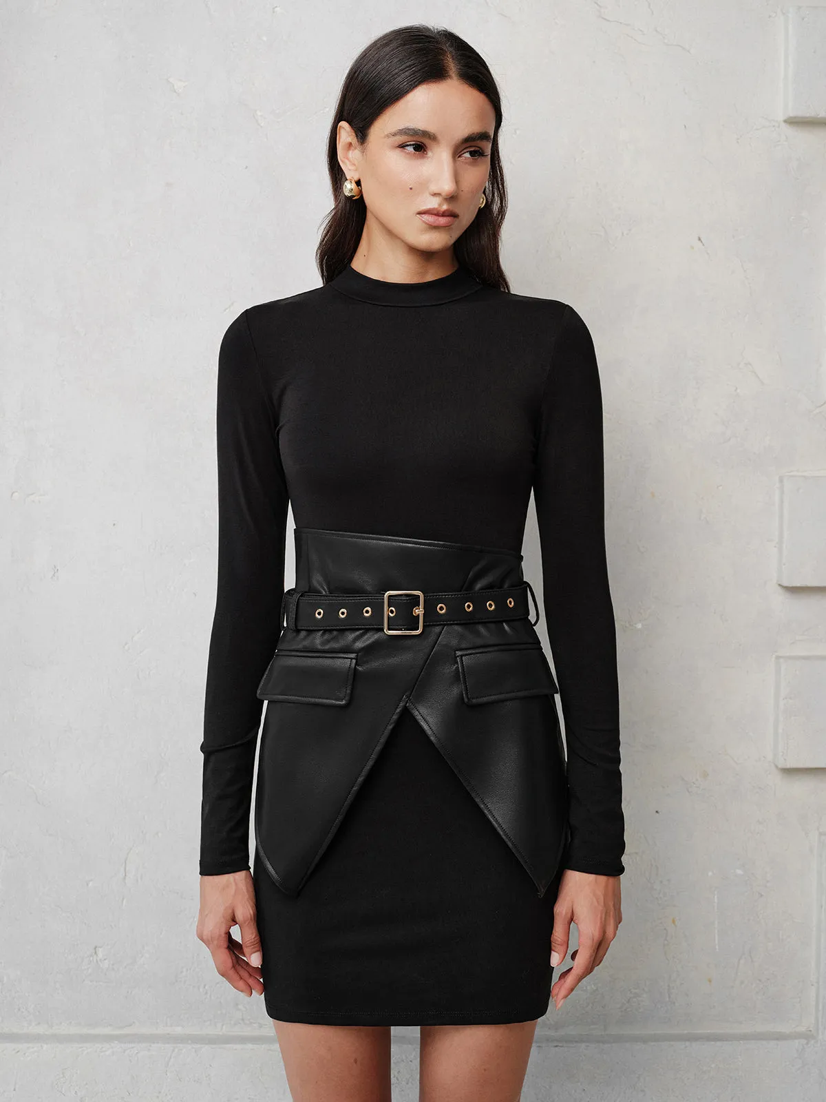 Faux‑Leather Corset Overlay Knit Dress sold by COMMENSE product image thumbnail 3