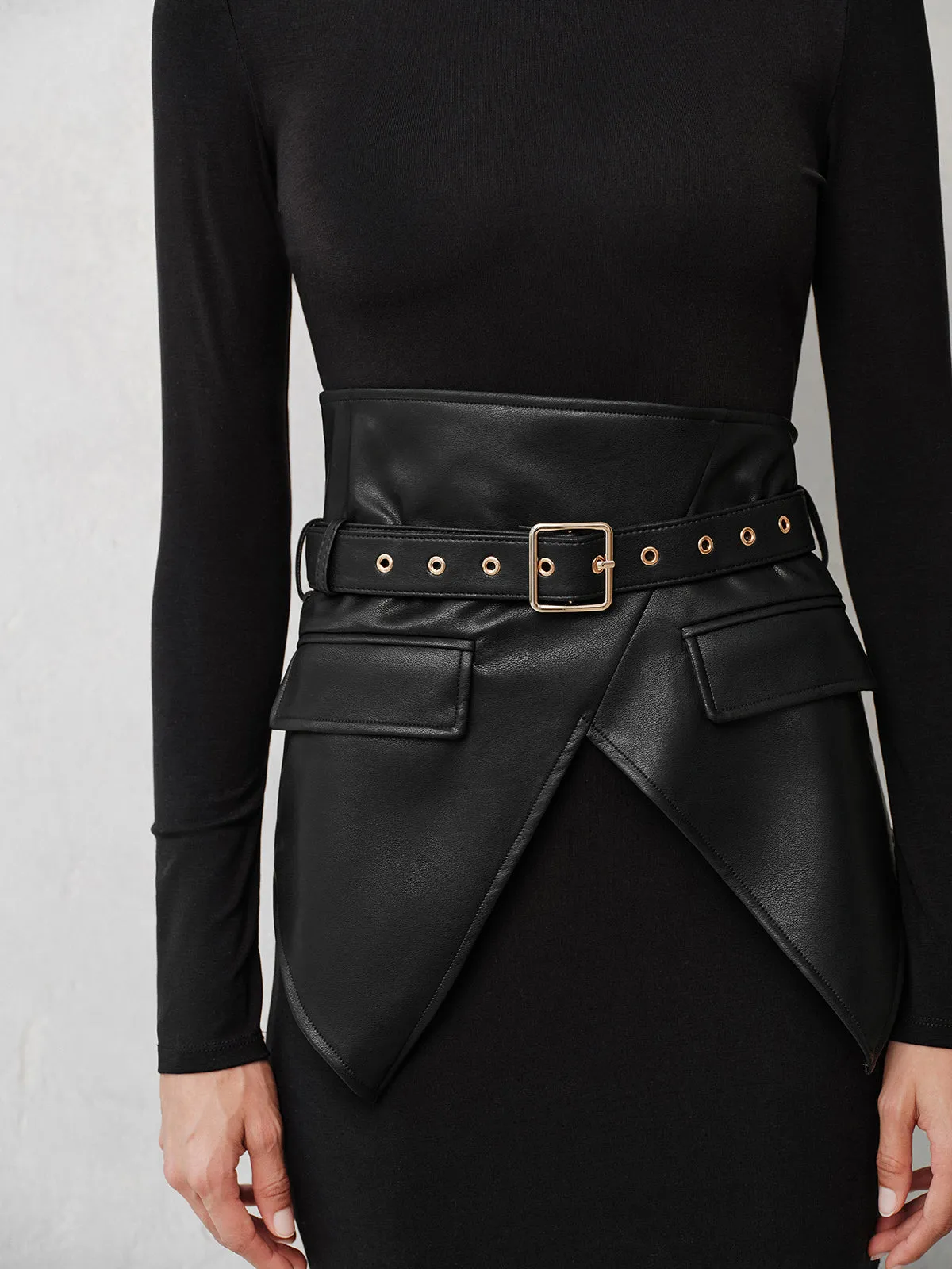 Faux‑Leather Corset Overlay Knit Dress sold by COMMENSE product image thumbnail 4