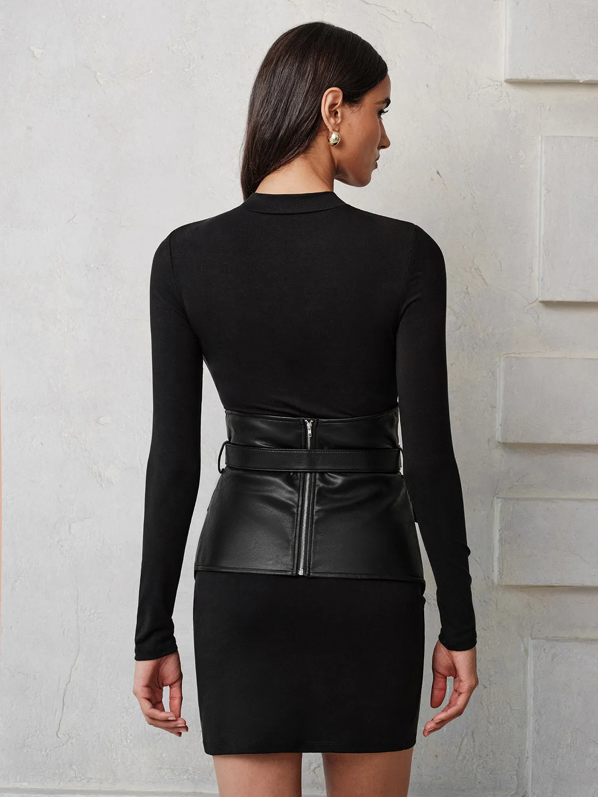 Faux‑Leather Corset Overlay Knit Dress sold by COMMENSE product image thumbnail 5