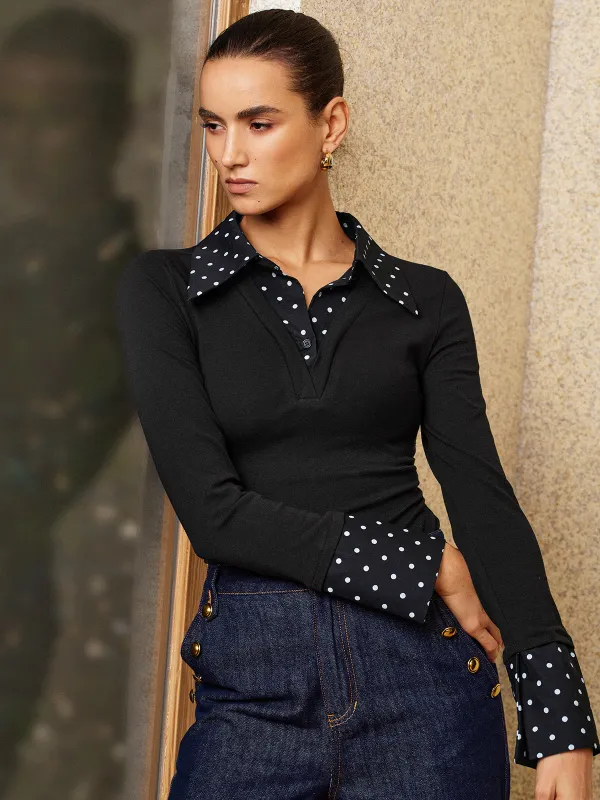 Polka Dot Collar Fake Two Piece Fitted Top made by COMMENSE