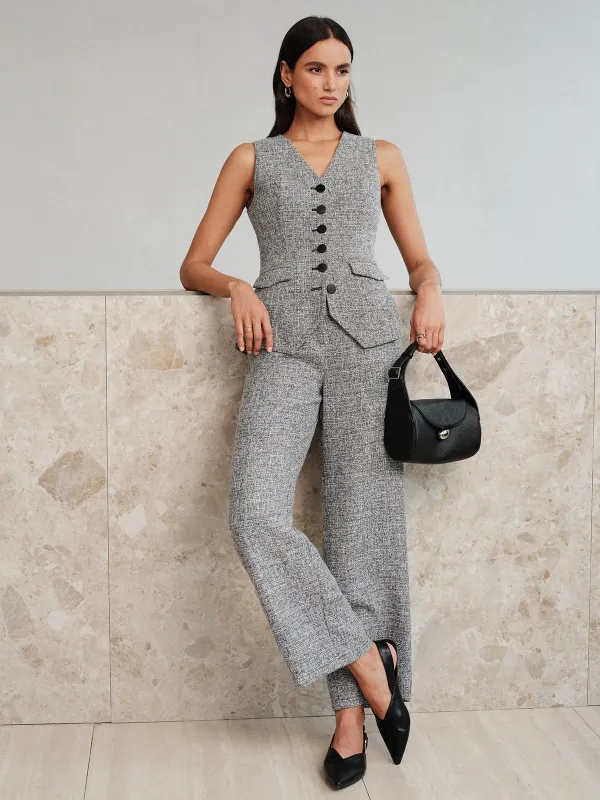 Sleeveless Button Front Tweed Two‑Piece Outfit made by COMMENSE