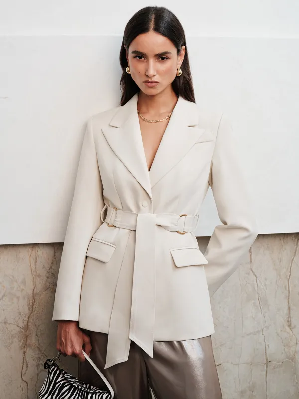 Notched Lapel Belted Tailored Blazer made by COMMENSE