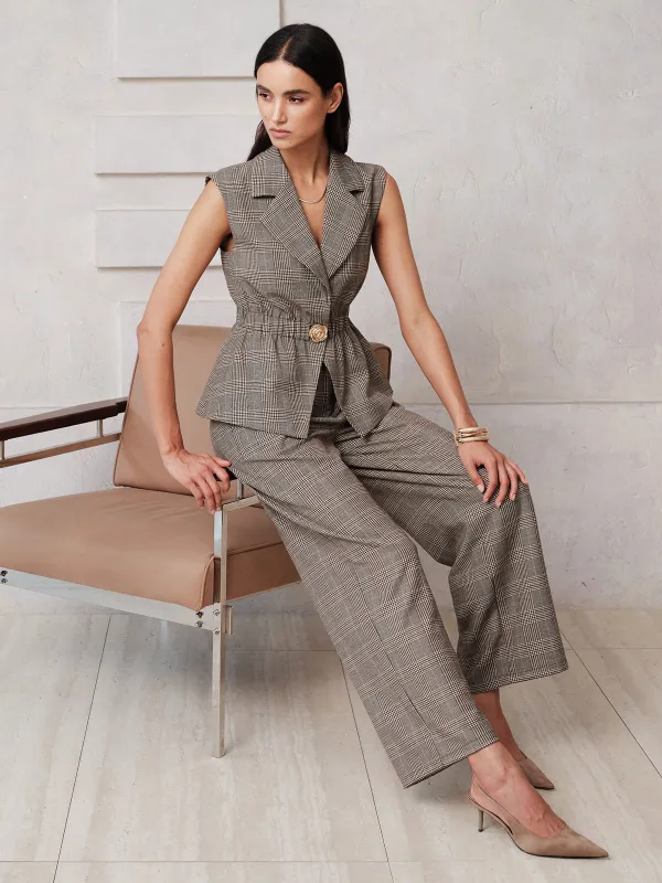 Plaid Sleeveless Blazer Wide Leg Pants Set made by COMMENSE