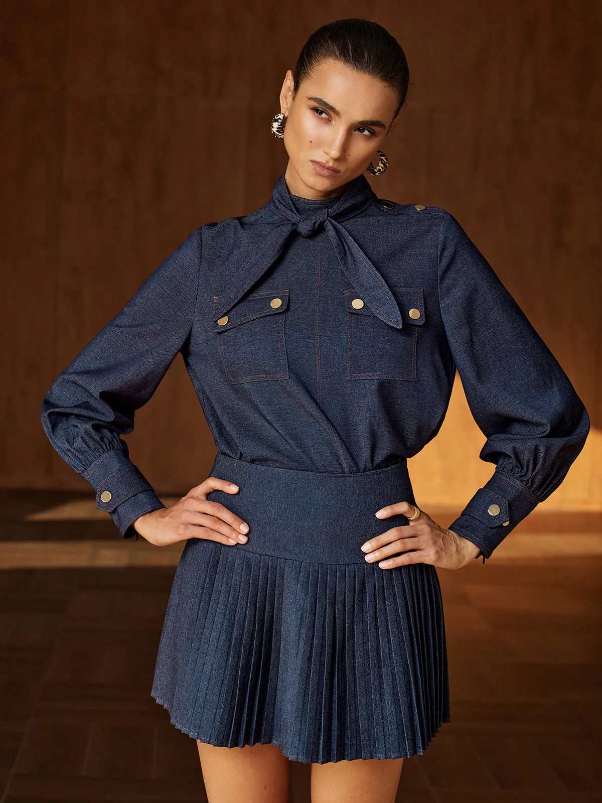 Faux‑Denim Bow Blouse Pleated Skirt Set sold by COMMENSE product image thumbnail 3
