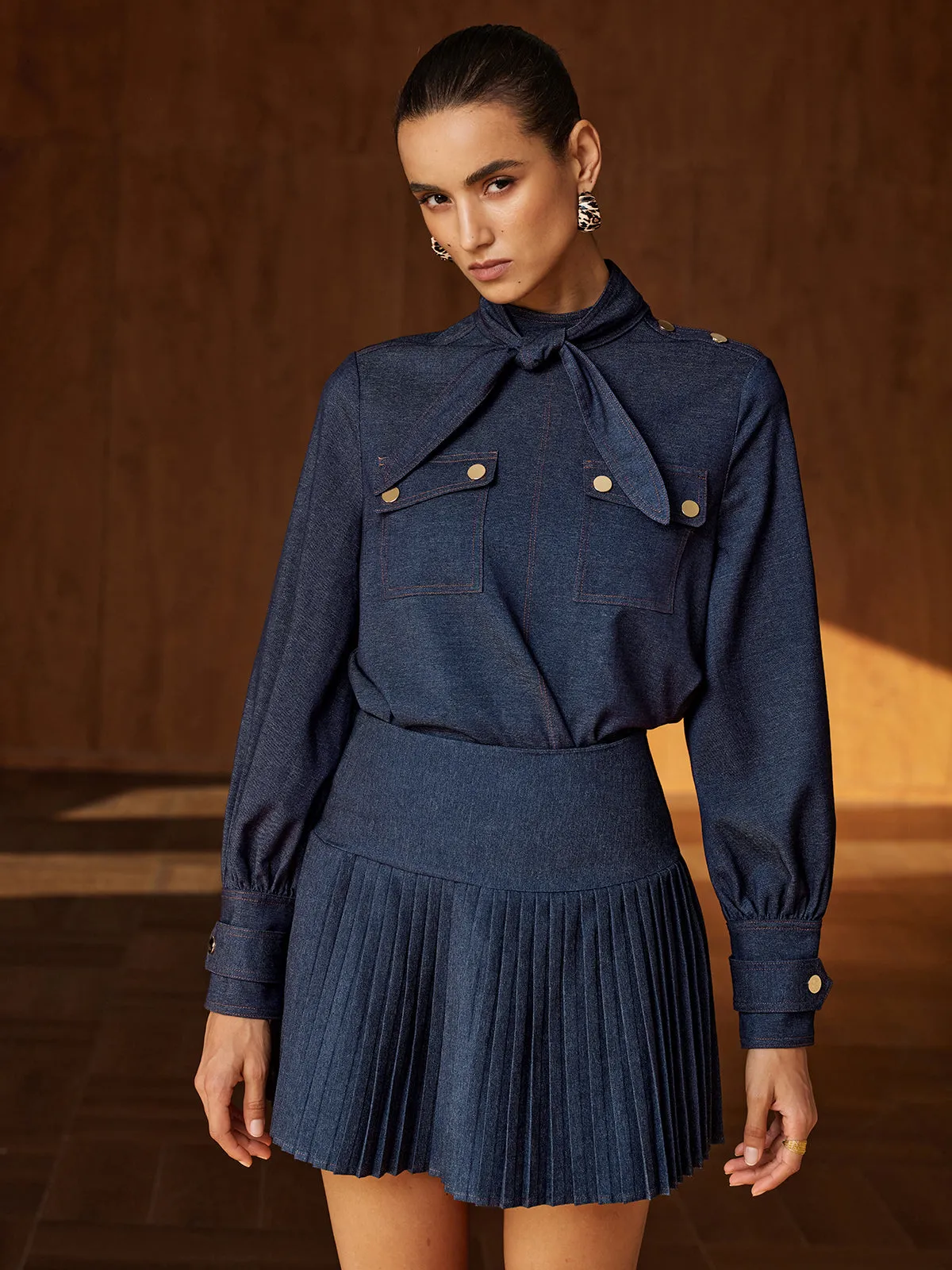 Faux‑Denim Bow Blouse Pleated Skirt Set sold by COMMENSE product image thumbnail 4