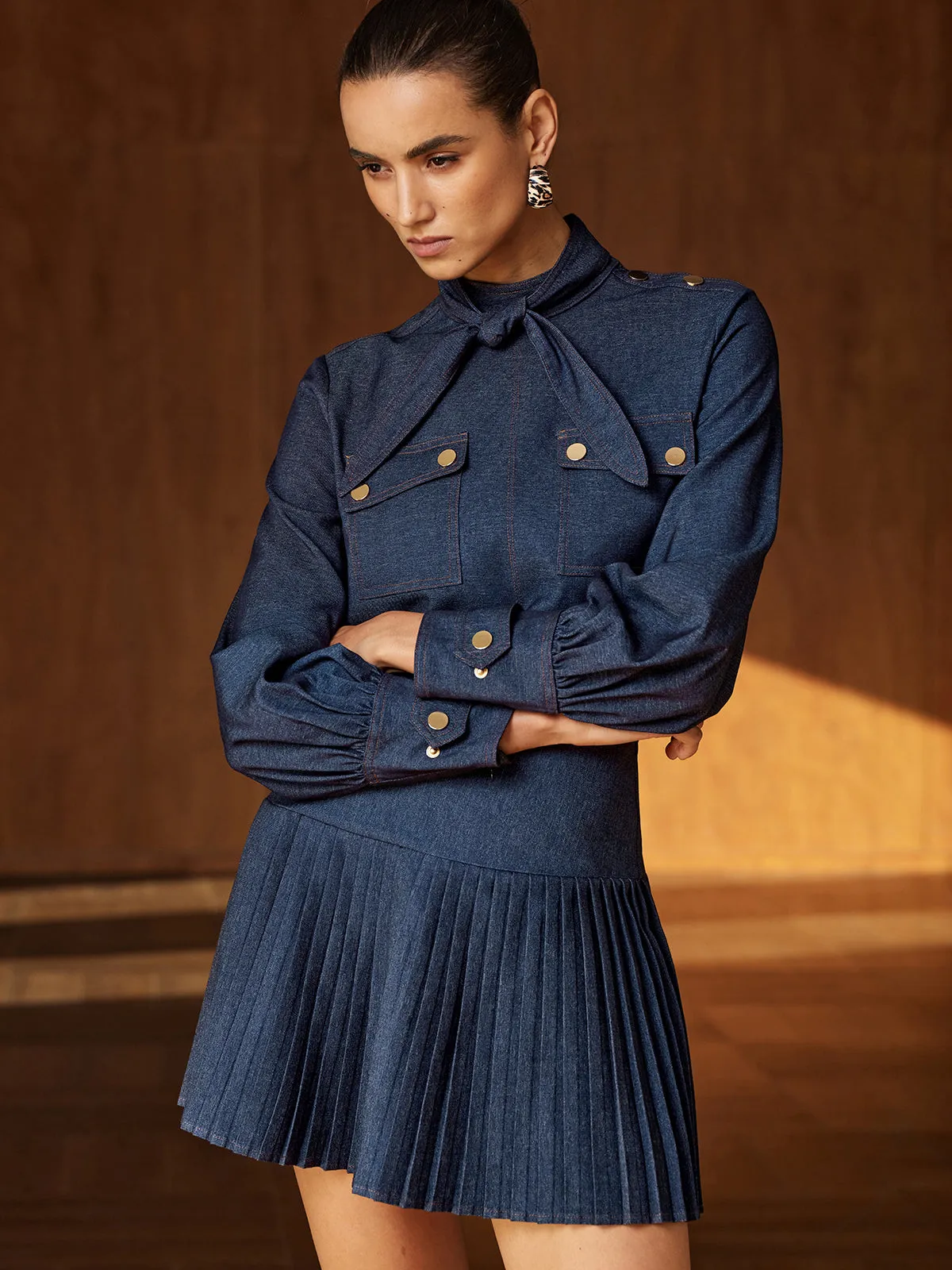 Faux‑Denim Bow Blouse Pleated Skirt Set sold by COMMENSE